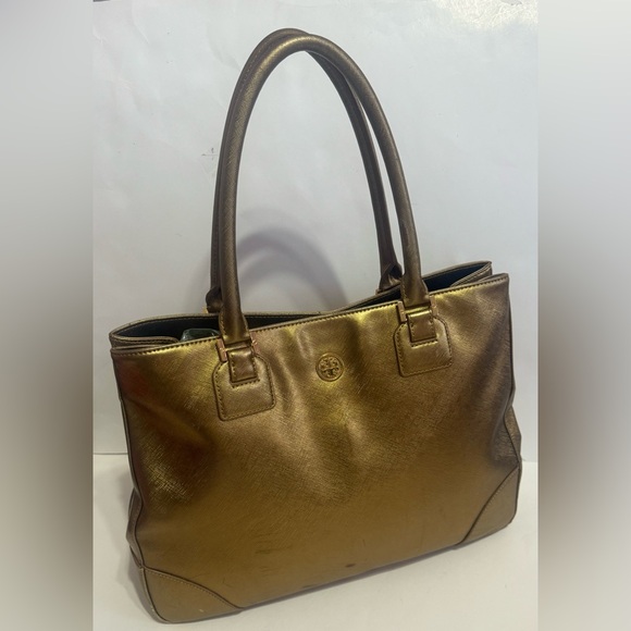 Tory Burch Robinson Patent Leather Large SatchelTote Bag In Gold - Picture 3 of 16